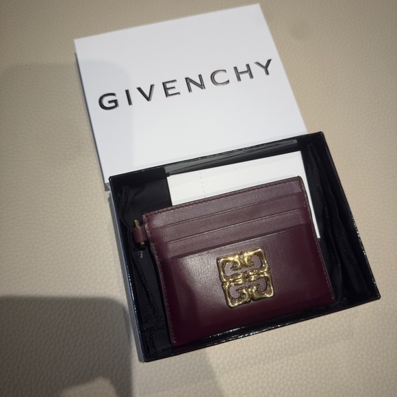 Givenchy Accessories - Givenchy Burgundy Leather Card Holder with Gold Emblem
